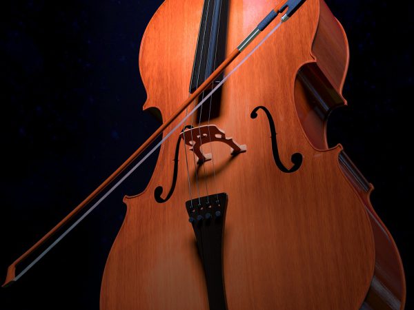 A cello standing upright with a red cello bow.